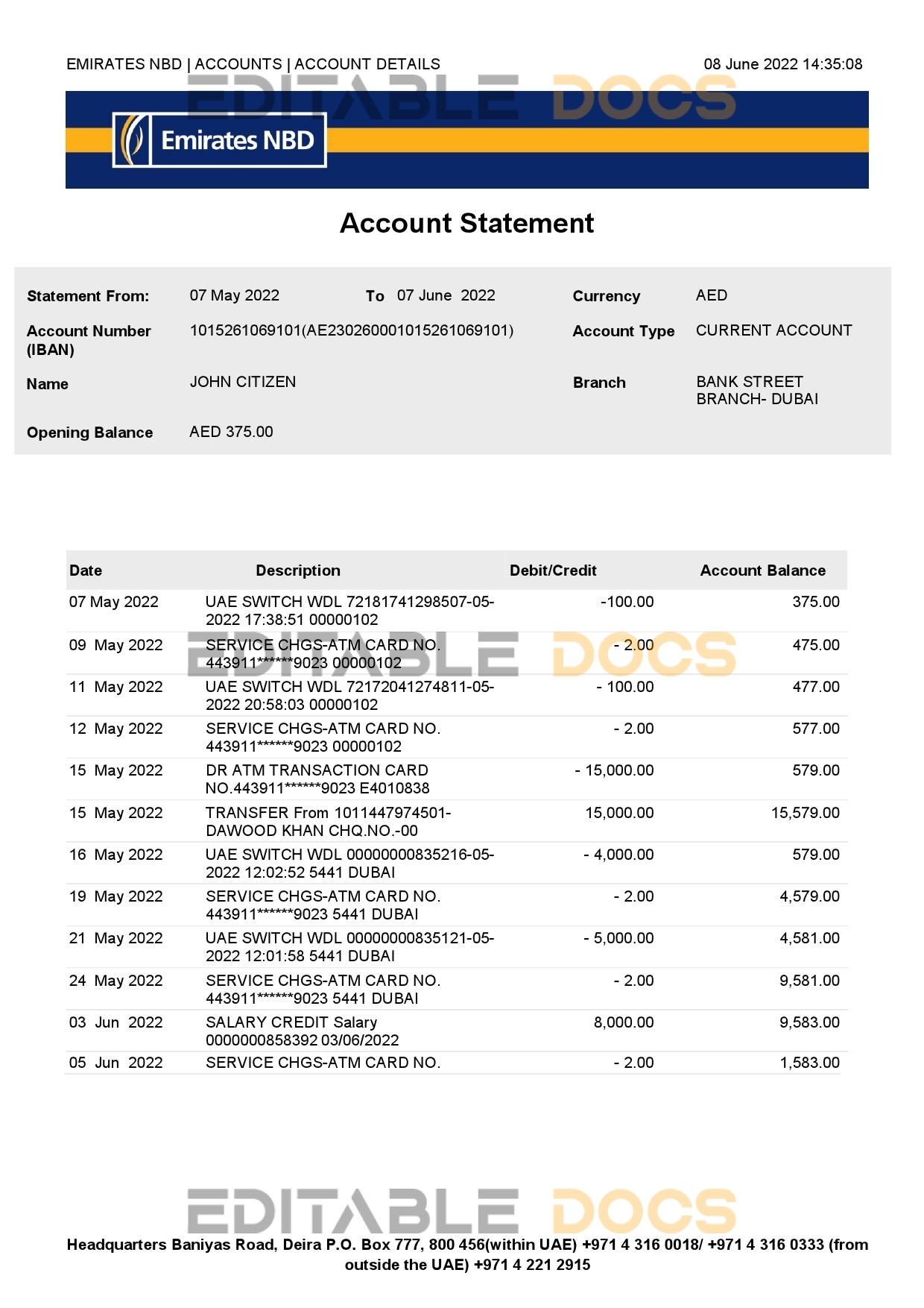 UAE Dubai NBD bank statement Word and PDF template, version 2