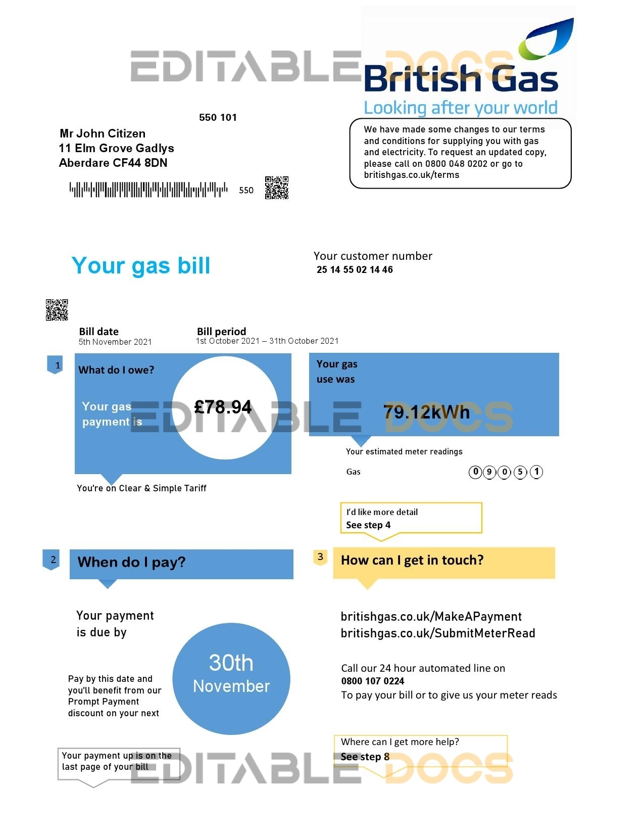 United Kingdom British Gas utility bill template in Word and PDF format fully editable (2 pages) version 1