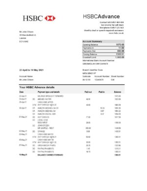 England Editable Templates 1 United Kingdom HSBC bank statement easy to fill template in Excel and PDF format