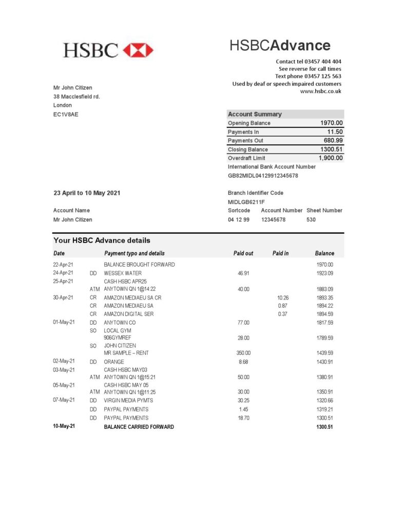 United Kingdom HSBC bank statement easy to fill template in Excel and PDF format