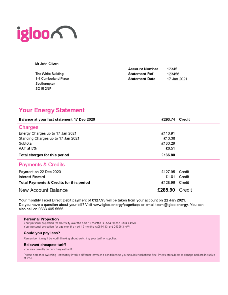 United Kingdom Igloo Energy utility bill template in Word and PDF format