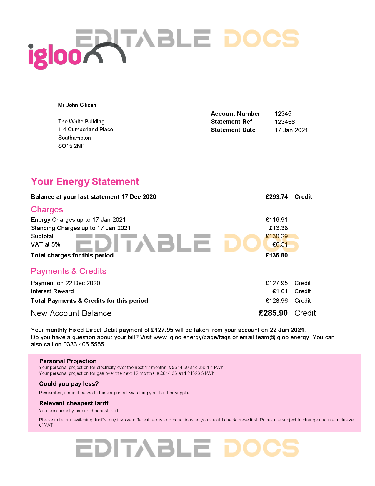 United Kingdom Igloo Energy utility bill template in Word and PDF format