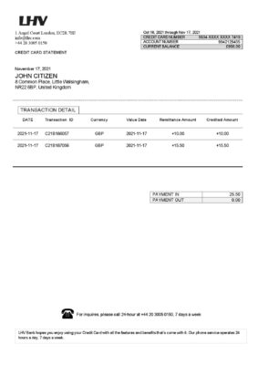 United Kingdom LHV Group bank statement in Word and PDF format