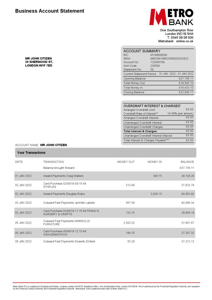 United Kingdom Metro bank business account statement Word and PDF template, 4 pages