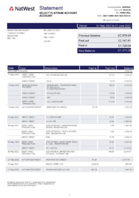 United Kingdom NatWest bank statement, Word and PDF template, 2 pages, version 2