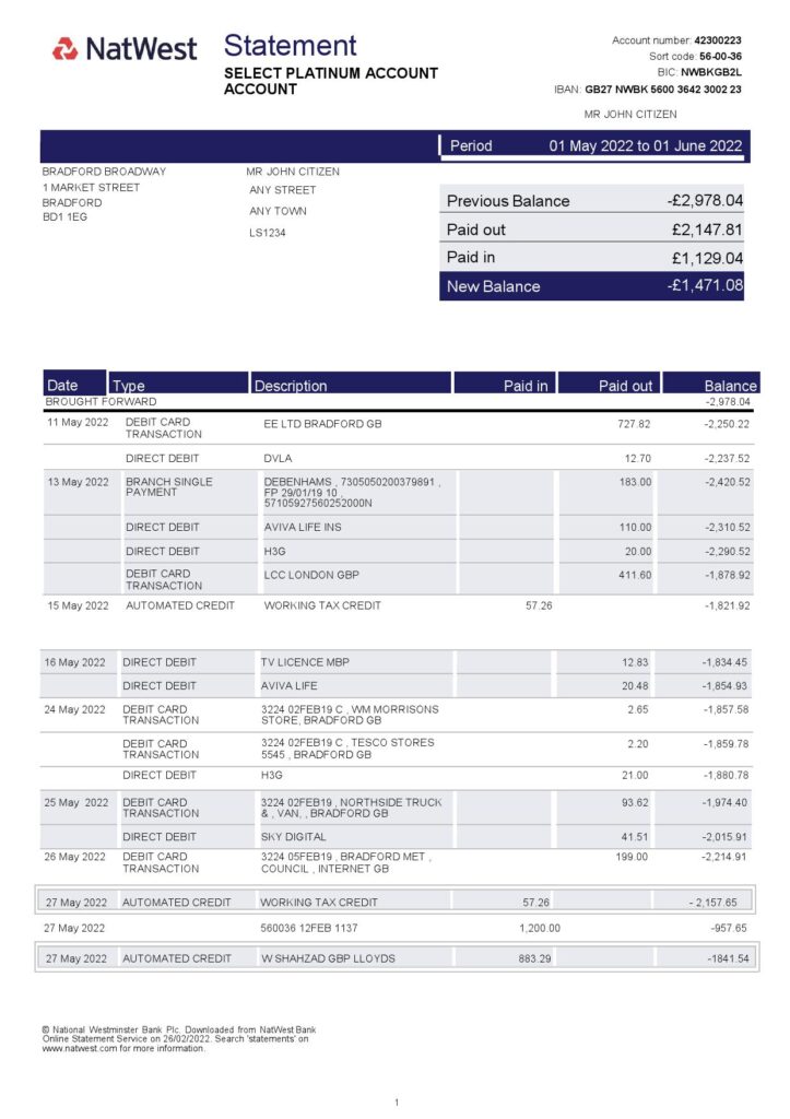 United Kingdom NatWest bank statement