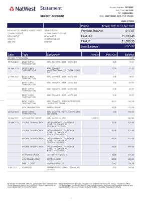 United Kingdom Natwest bank statement template in Word and PDF format (2 pages)