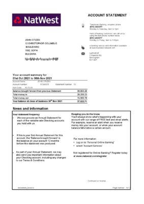 United Kingdom NatWest bank account statement template in Excel and PDF format, 2 pages