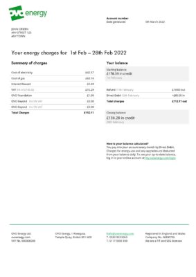 United Kingdom Ovo Energy electricity bill, Word and PDF template