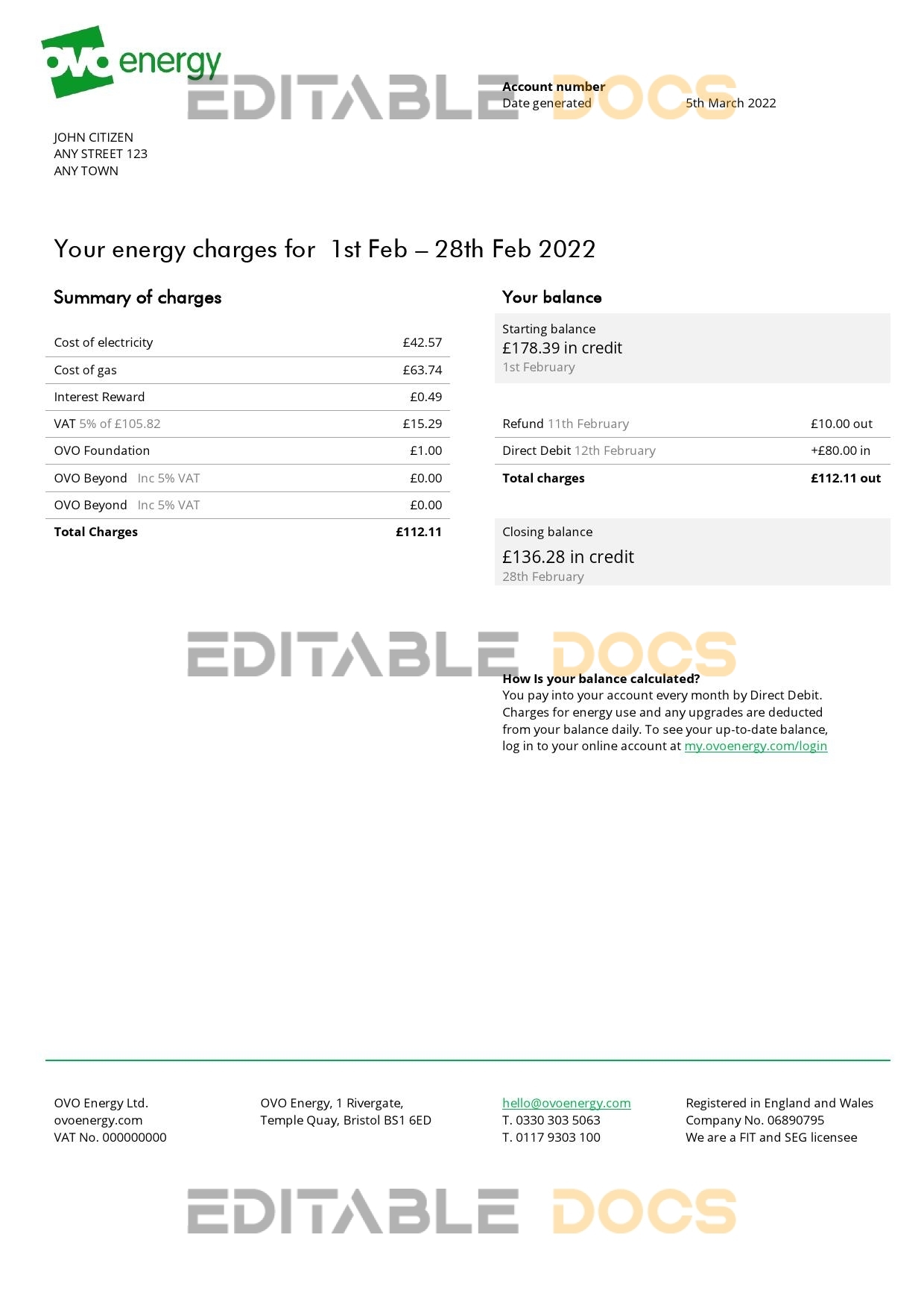 United Kingdom Ovo Energy electricity bill, Word and PDF template