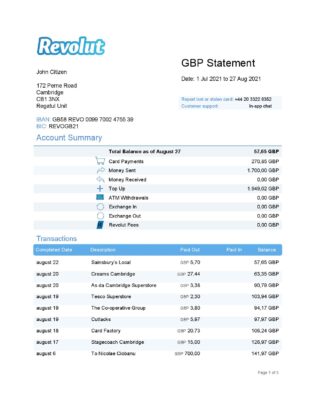 United Kingdom Revolut bank statement template in Word and PDF format (3 pages)