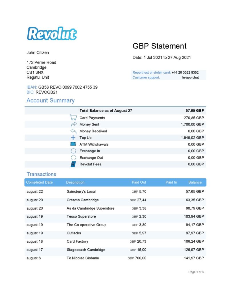 United Kingdom Revolut bank statement template in Word and PDF format (3 pages)