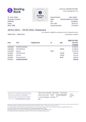 United Kingdom Starling bank statement template in .xls and .pdf file format, good for address prove