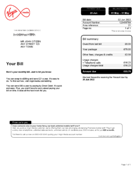 United Kingdom Virgin Media utility bill, Word and PDF template