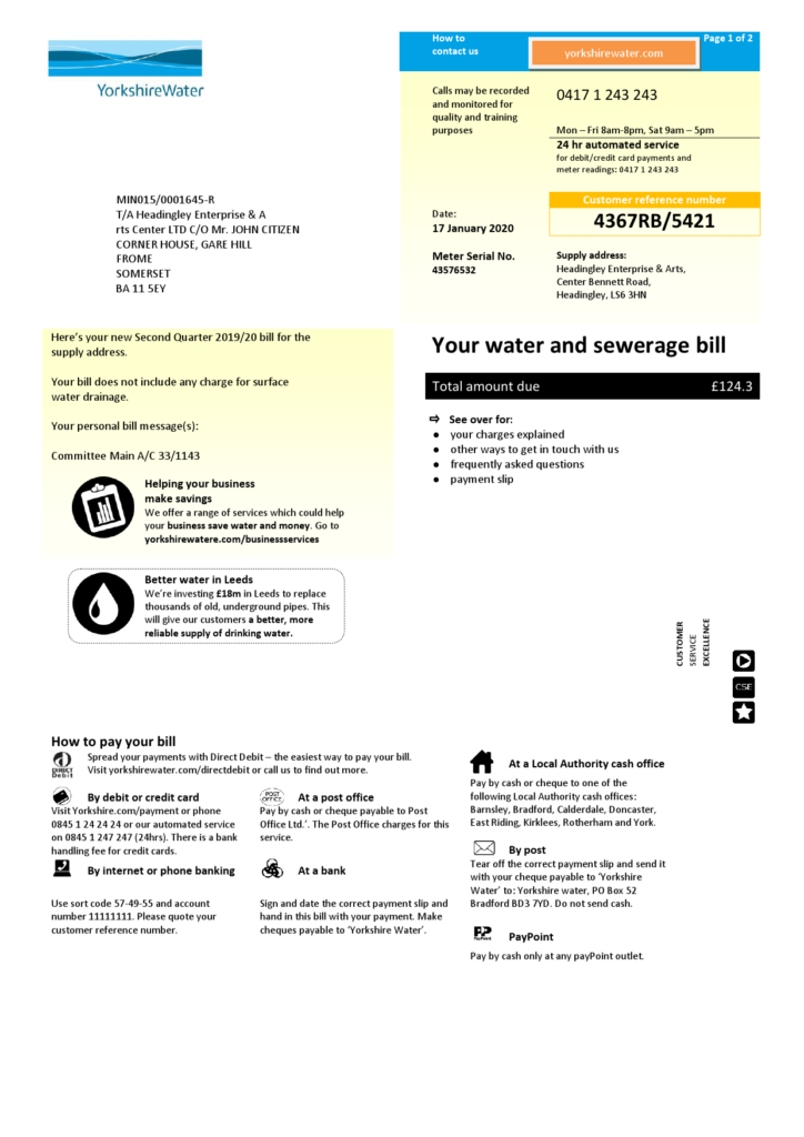 United Kingdom Yorkshire water utility bill template in Word and PDF format (2 pages)