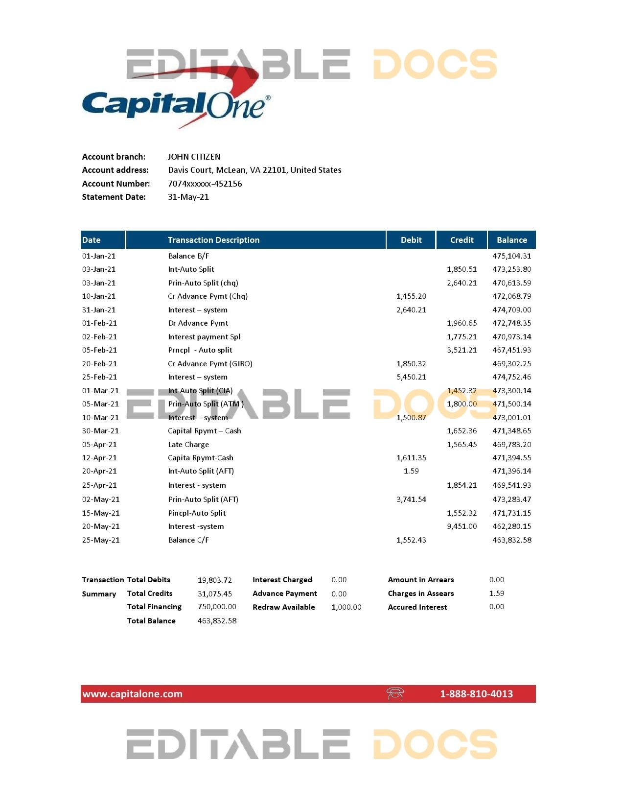 USA Capital One bank statement easy to fill template in Excel and PDF format