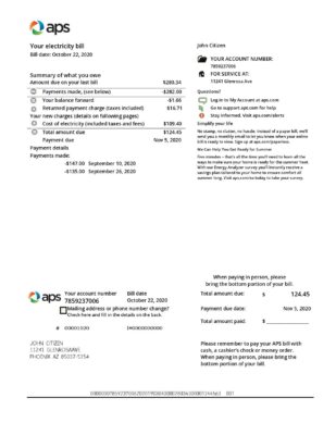USA Arizona APS electricity proof of address utility bill template in Word and PDF format