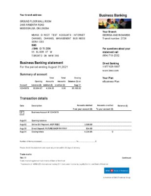 Canada BMO Bank of Montreal bank statement easy to fill template in .xls and .pdf file format (AutoSum)