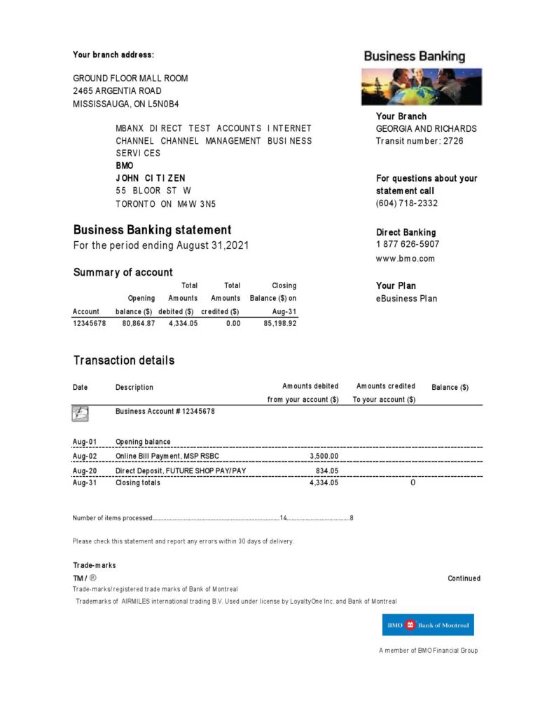 Canada BMO Bank of Montreal bank statement easy to fill template in .xls and .pdf file format (AutoSum)