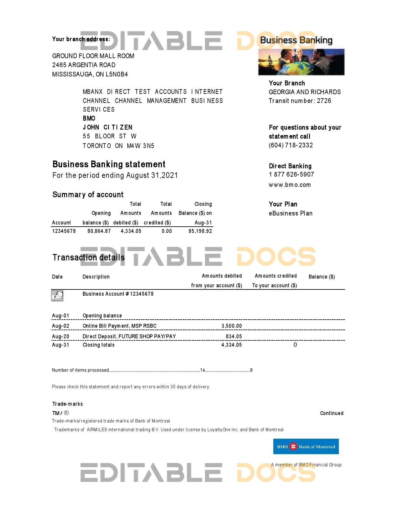 Canada BMO Bank of Montreal bank statement easy to fill template in .xls and .pdf file format (AutoSum)