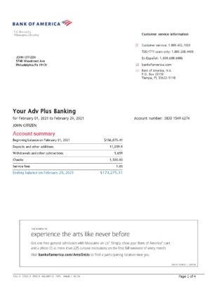 USA Bank of America bank statement template in Word and PDF format (4 pages), version 3