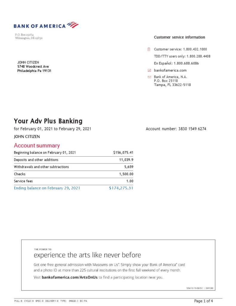 USA Bank of America bank statement template in Word and PDF format (4 pages), version 3