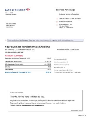 USA Bank of America bank statement, Word and PDF template, 10 pages