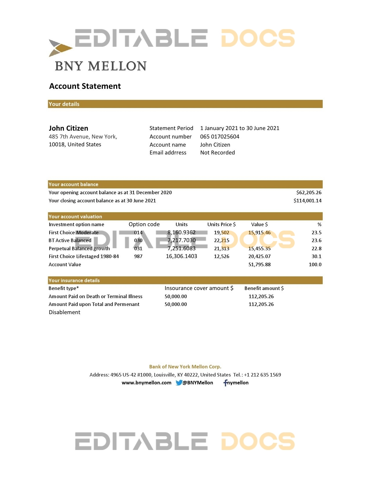 USA Bank of New York Mellon bank statement easy to fill template in Excel and PDF format