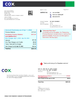 USA Editable Templates 1 USA COX digital cable television utility bill, Word and PDF template, 2 pages
