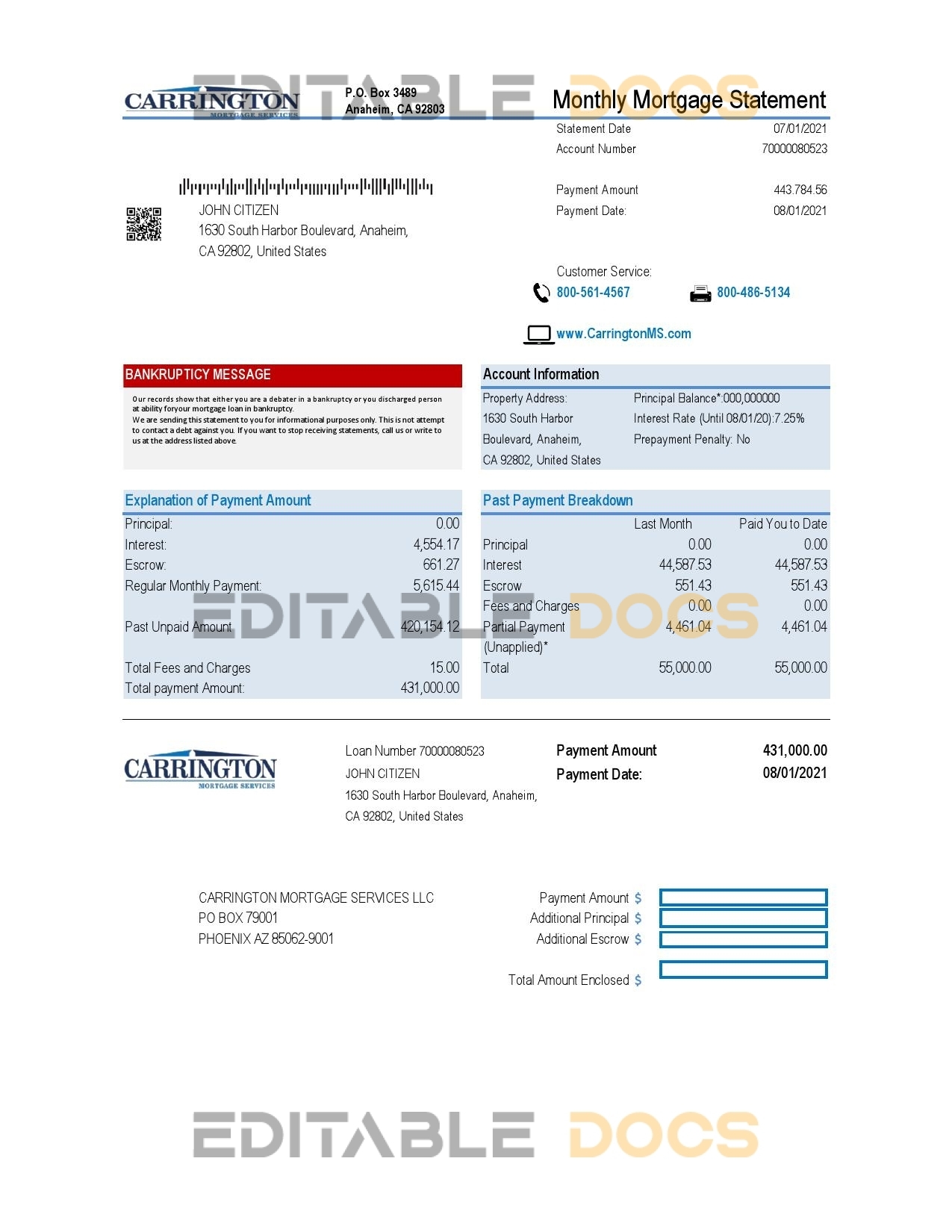 USA Carrington Mortgage Services bank statement easy to fill template in .xls and .pdf file format
