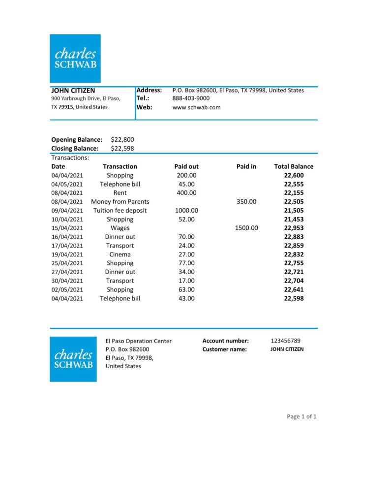 USA Charles Schwab & Co bank statement easy to fill template in .xls and .pdf file format
