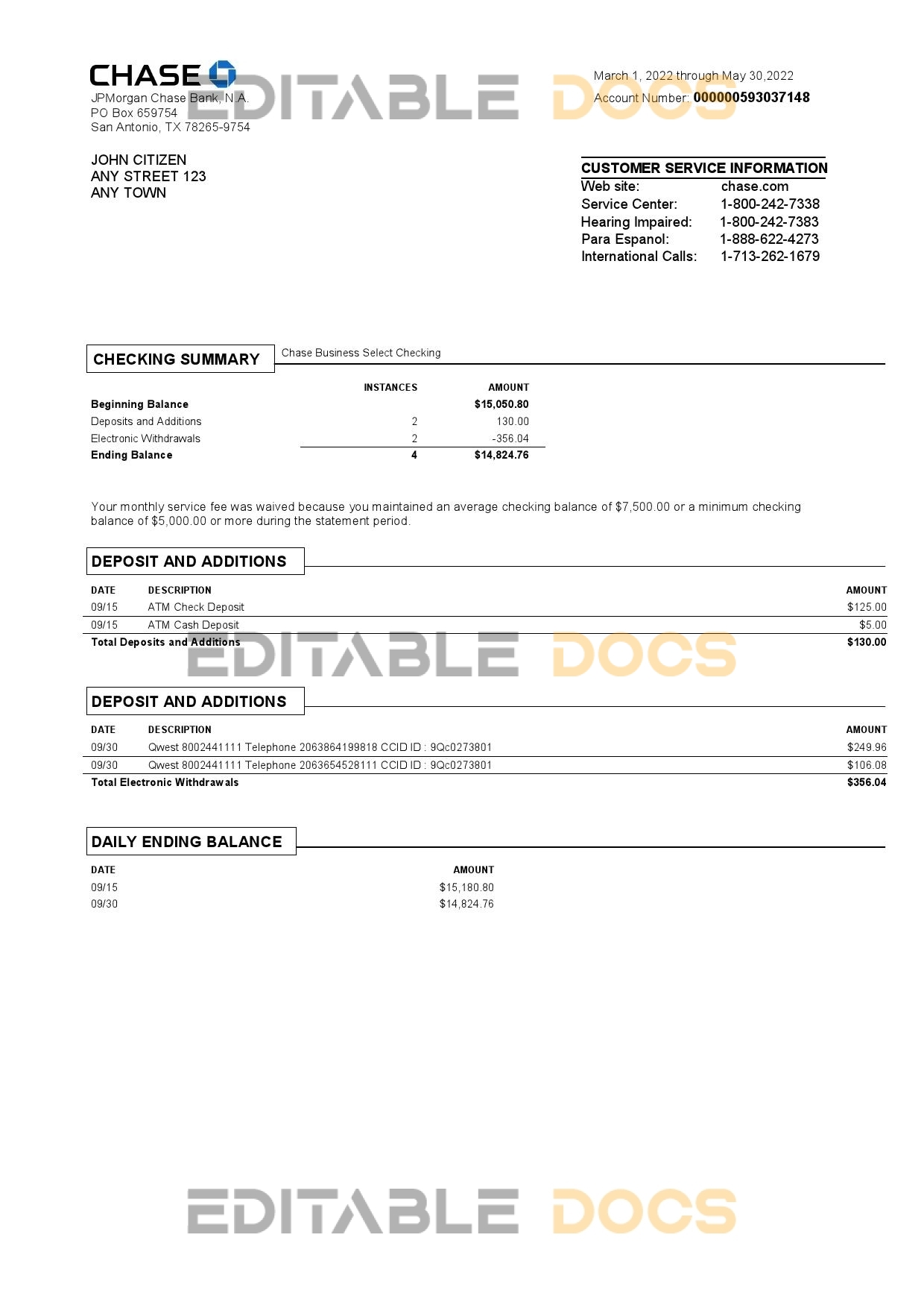 USA Chase bank statement Word and PDF template, version 3