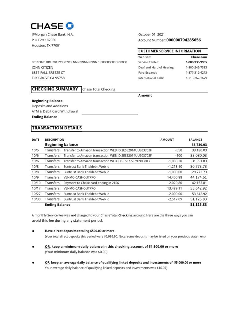 USA Chase account statement easy to fill template in Excel and PDF format