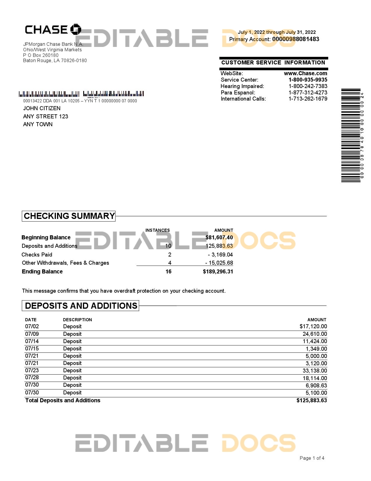 USA Chase bank statement Word and PDF template, 4 pages