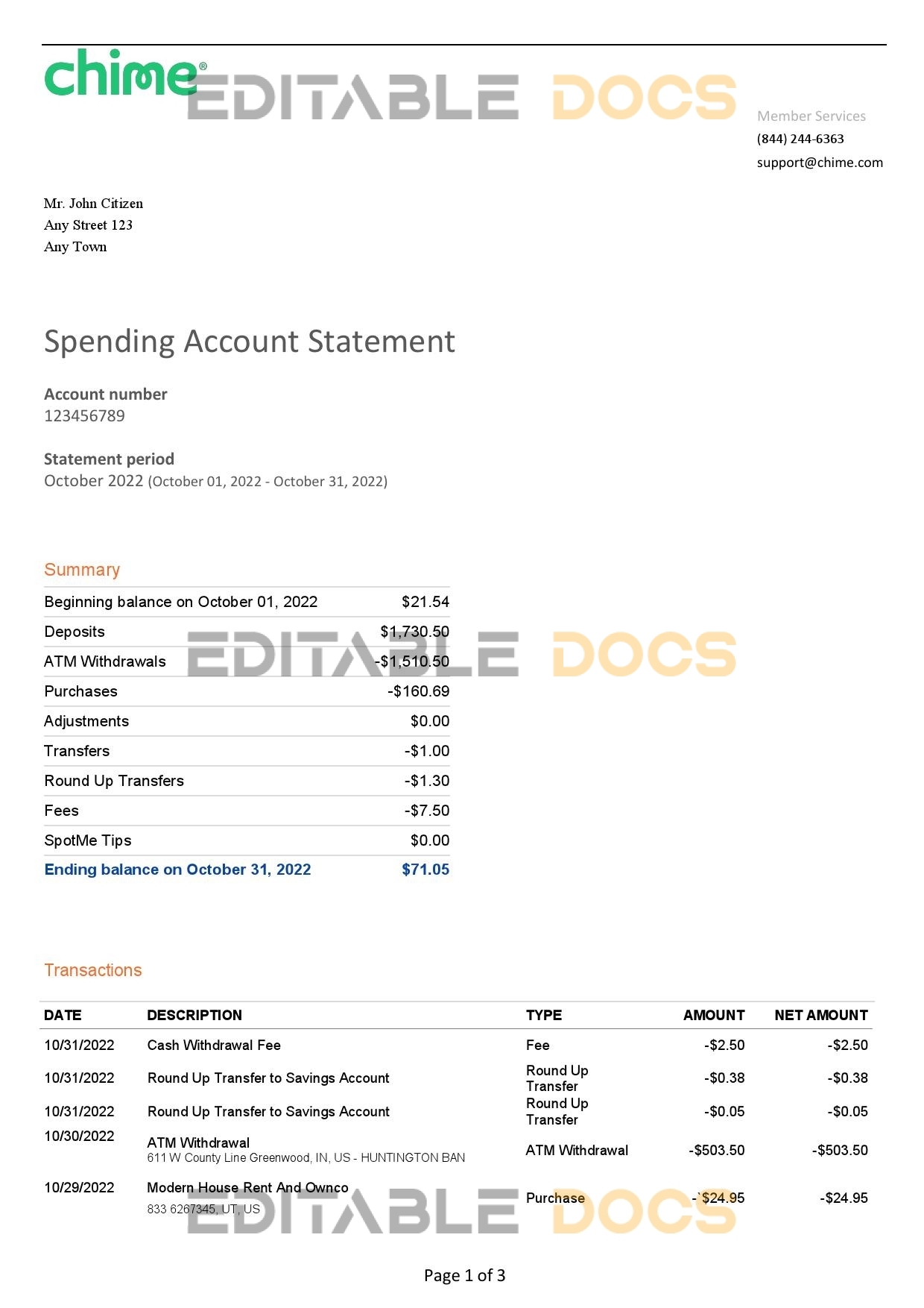 USA Chime bank statement, Word and PDF template, 3 pages