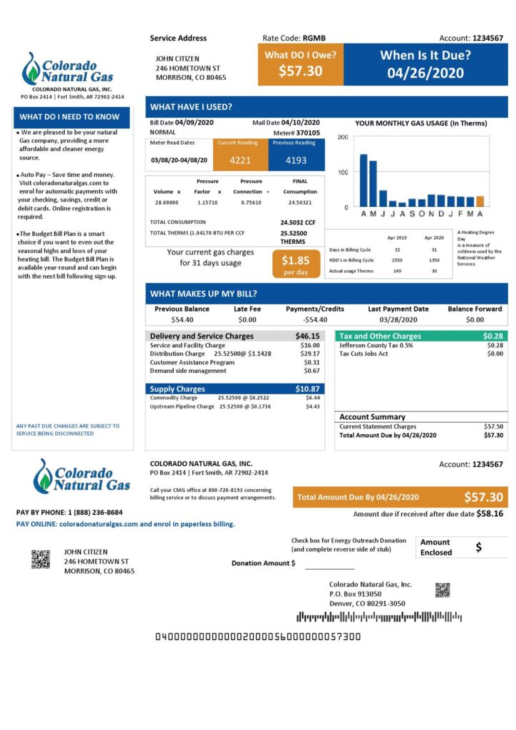 USA Colorado Natural Gas utility bill template in Word and PDF format