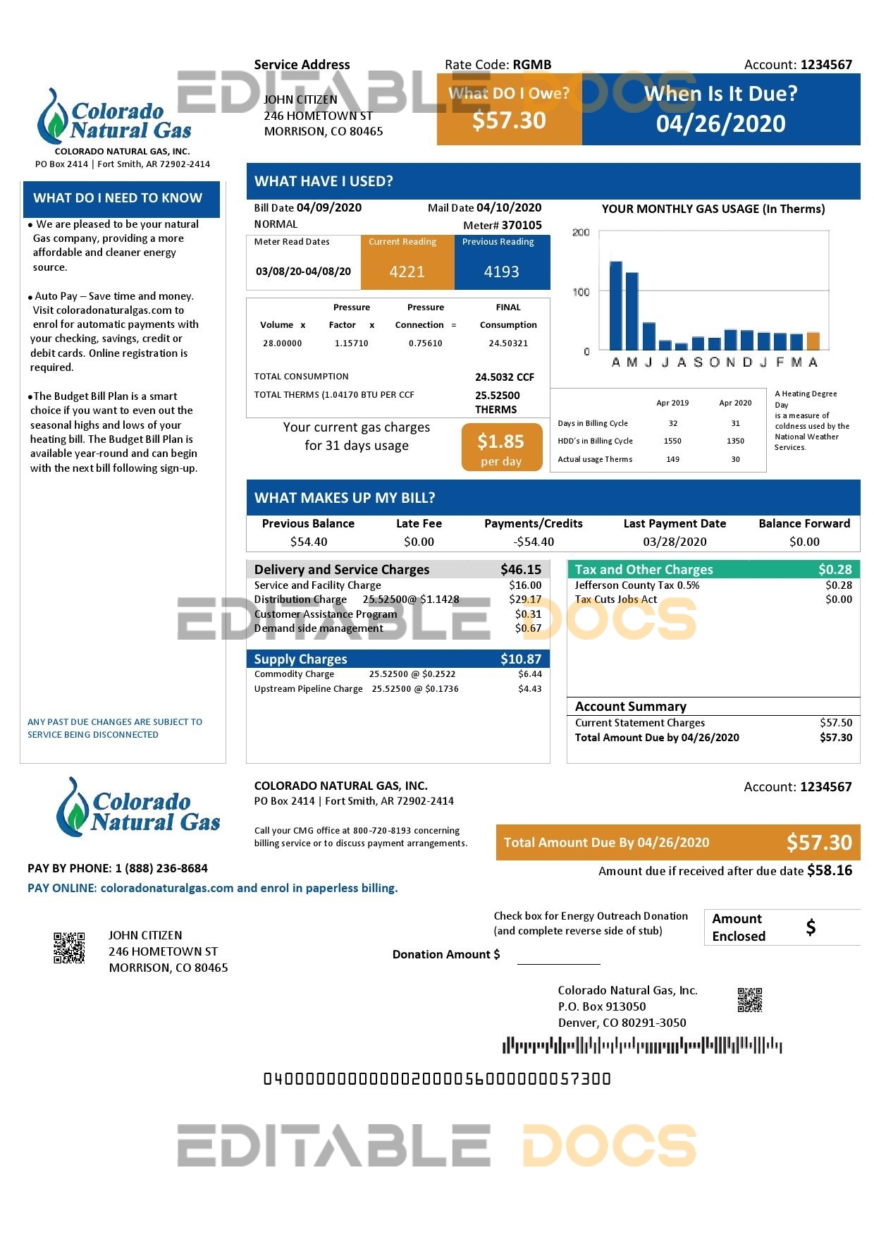 USA Colorado Natural Gas utility bill template in Word and PDF format