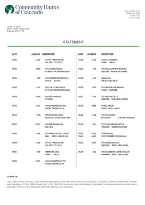 USA Community Banks of Colorado bank statement Word and PDF template