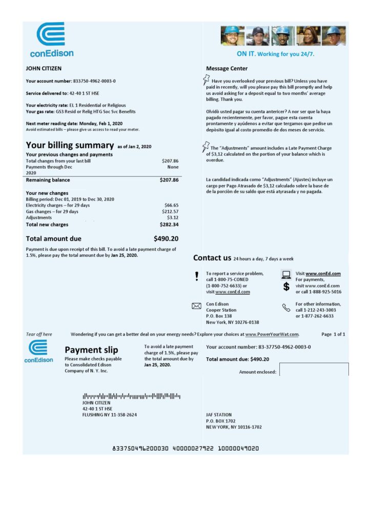 USA Con Edison electricity utility bill template in Word and PDF format