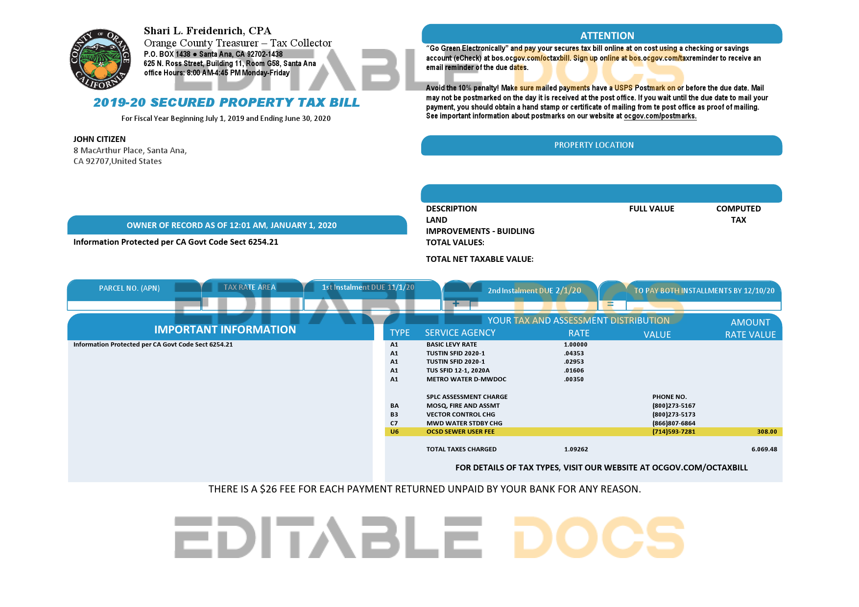 USA County of Orange California property tax bill template in Word and PDF format