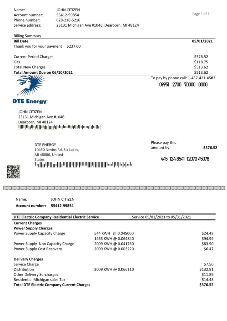 USA DTE Energy utility bill template in Word and PDF format (2 pages)