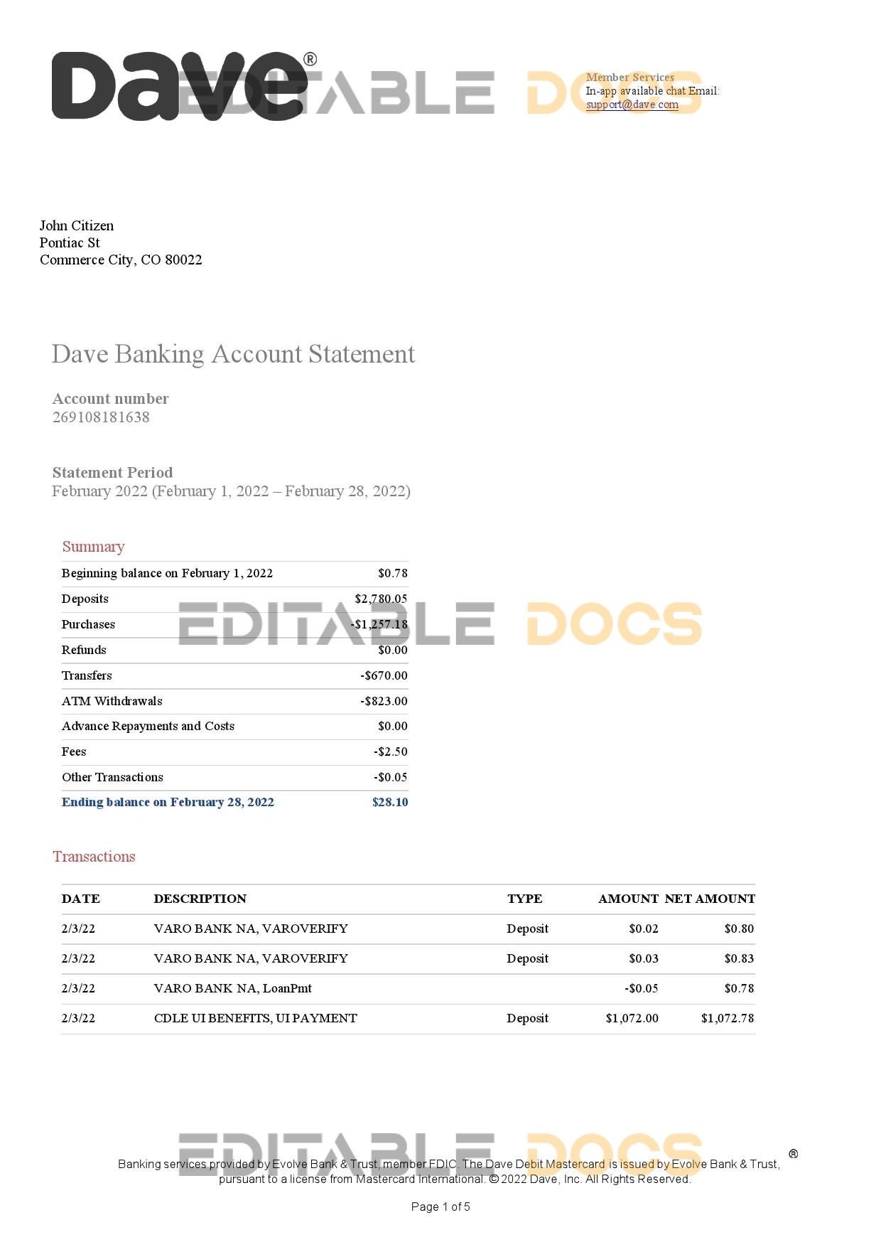 USA Dave bank account statement, Word and PDF template, 5 pages