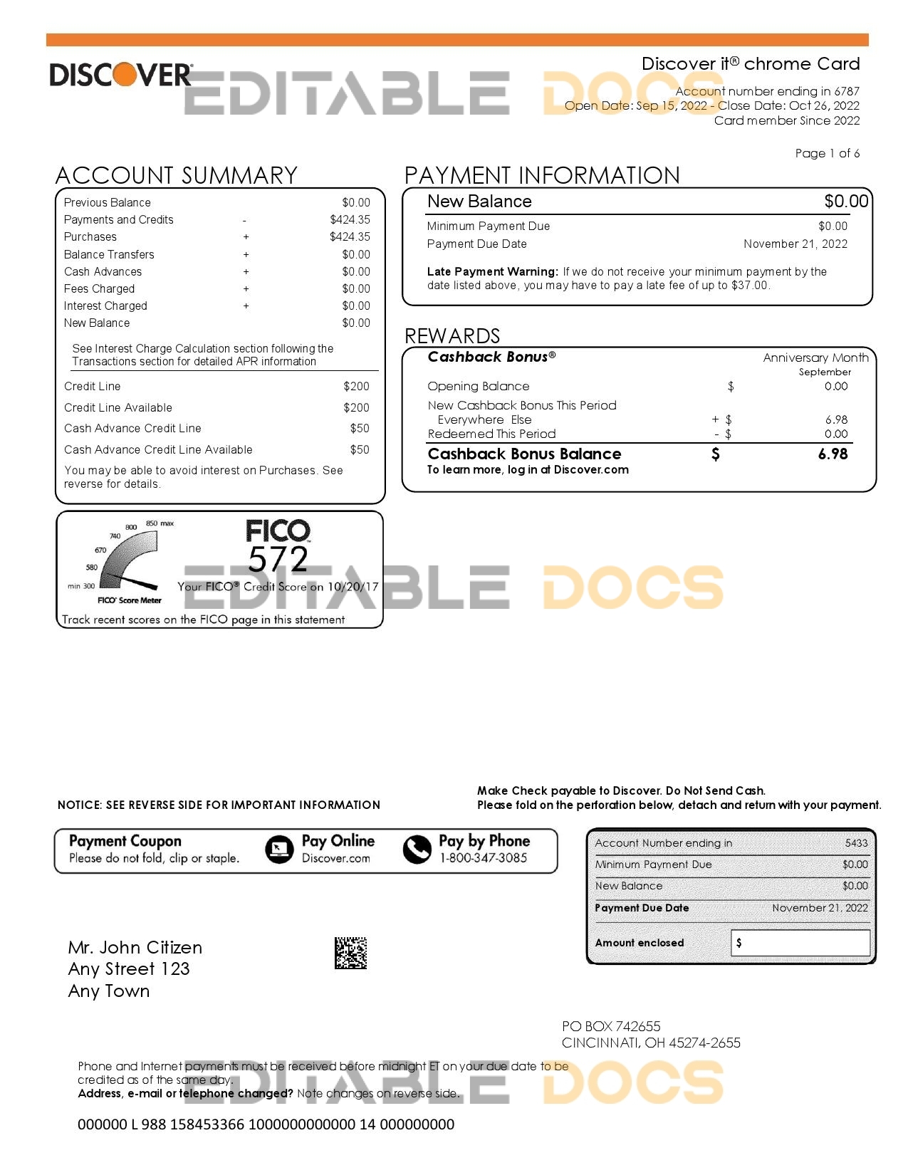 USA Discover bank statement, Word and PDF template, 5 pages