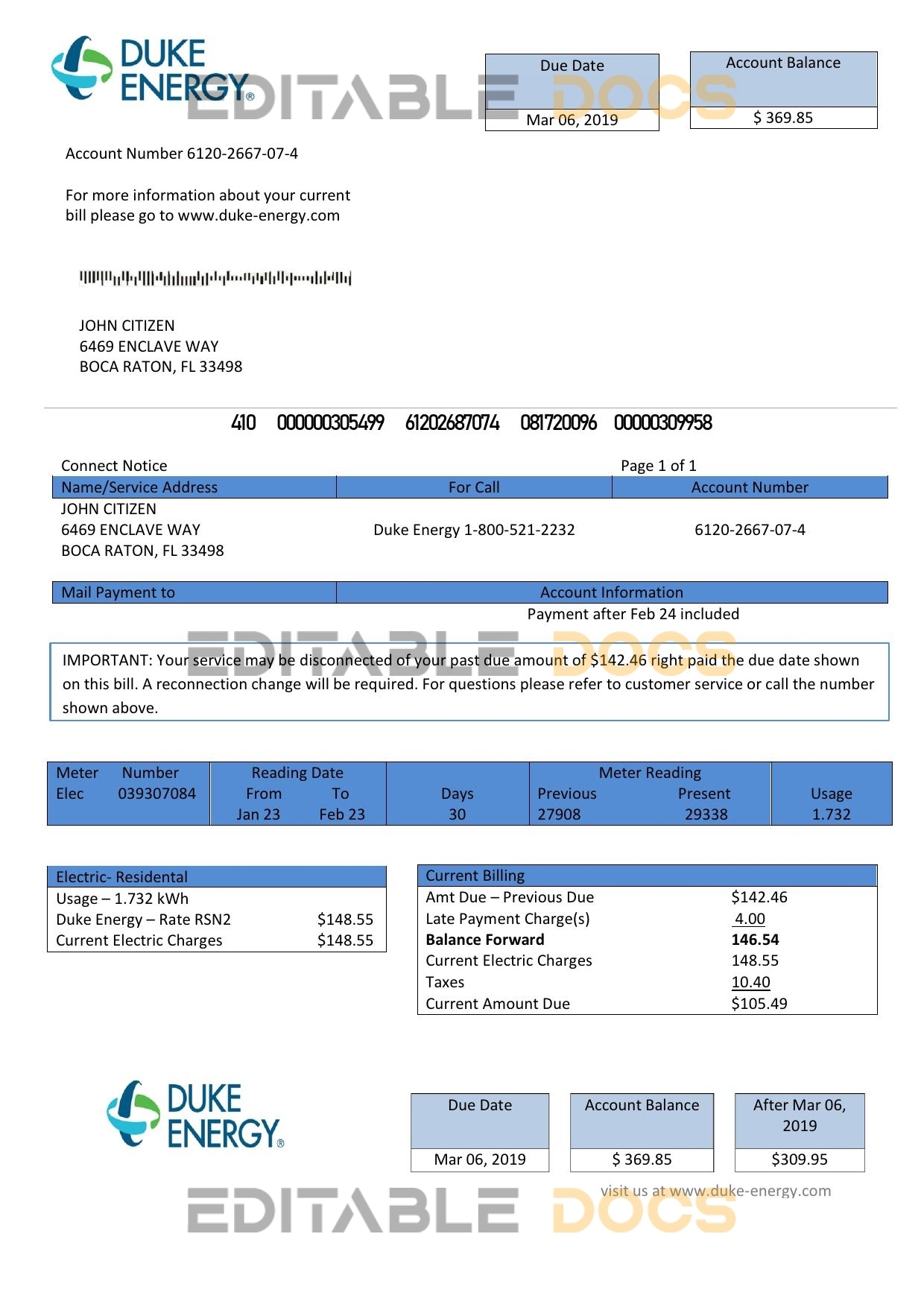 USA North Carolina Duke Energy utility bill template in Word and PDF format