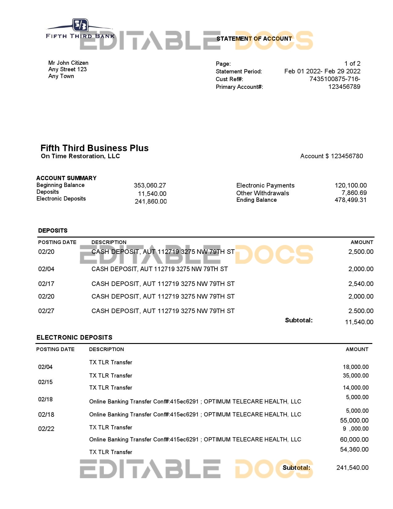USA Fifth Third Bank statement, Word and PDF template, 2 pages