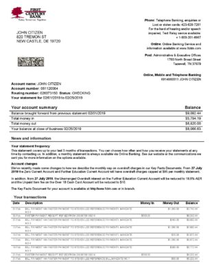 USA First Century bank proof of address statement template in Word and PDF format (.doc and .pdf)