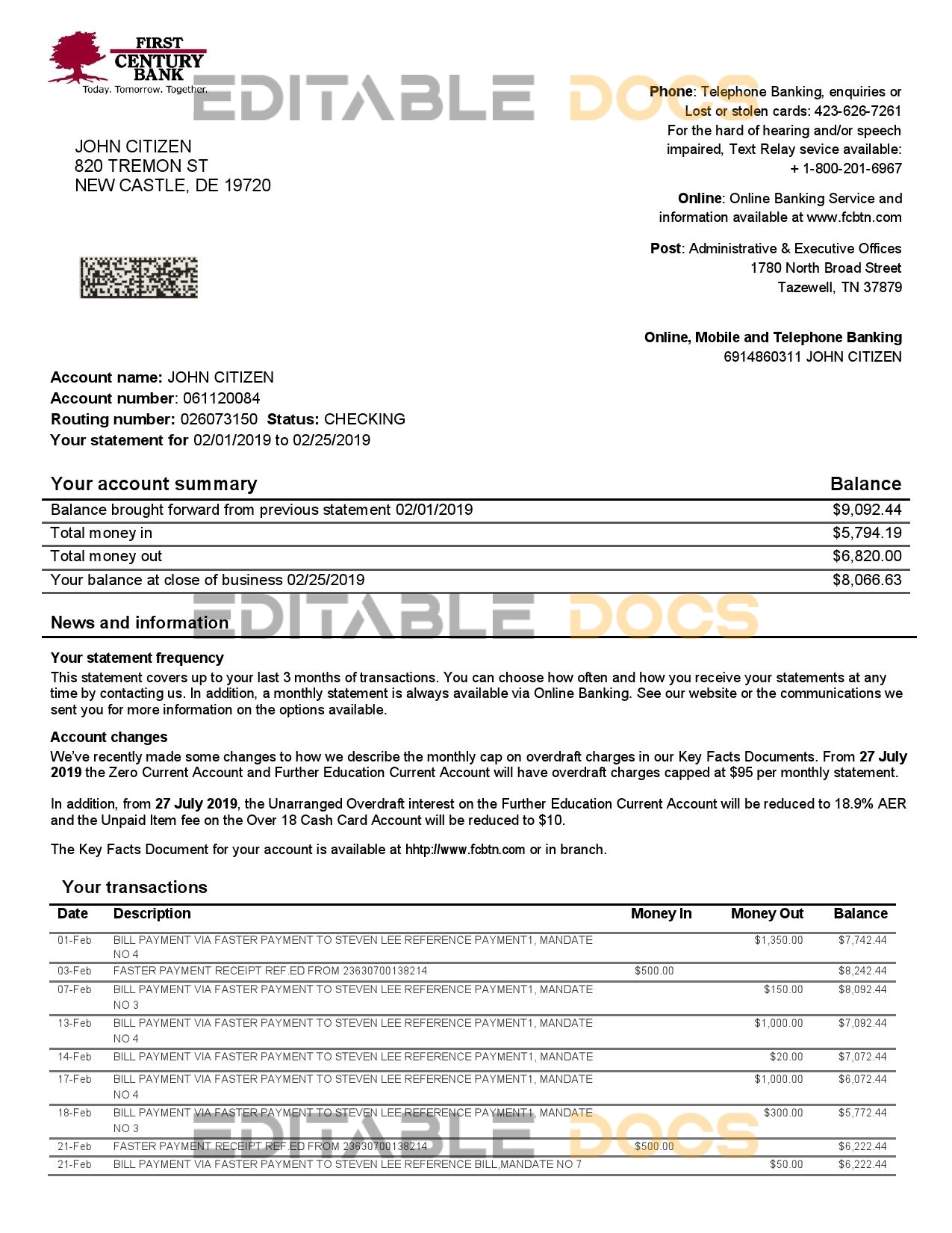 USA First Century bank proof of address statement template in Word and PDF format (.doc and .pdf)