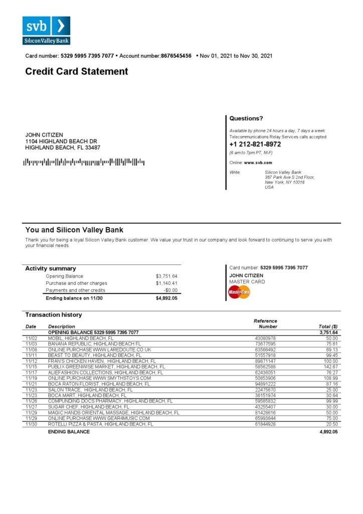 USA Florida Silicon Valley bank credit card statement template in Word and PDF format