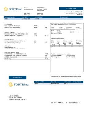 Canada British Columbia FortisBC utility bill template in Word and PDF format