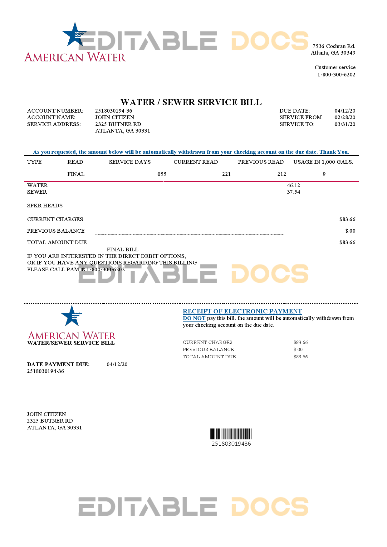 USA Georgia American Water utility bill template in Word and PDF format